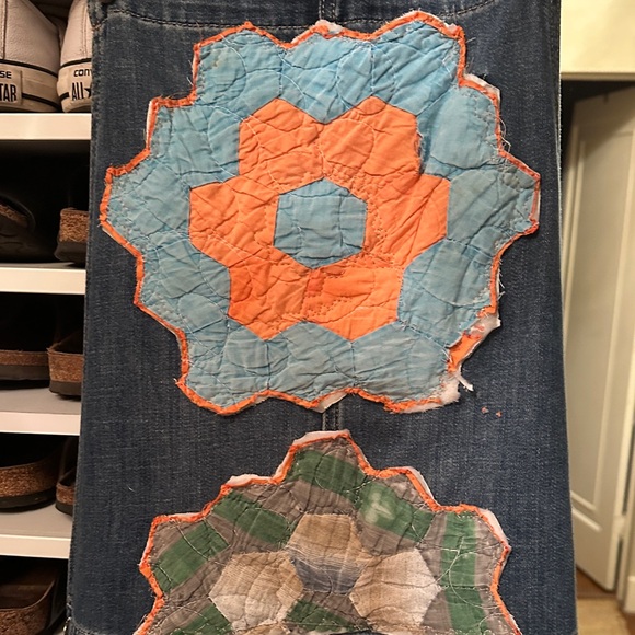 Upcycle vintage quilt .. Denim Overalls with Colorful Crochet Patches - Picture 4 of 7
